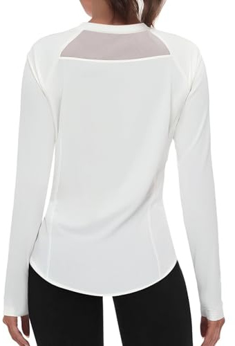 Wayleb Womens Breathable Activewear Long Sleeve Tshirt with Mesh Back Round Neck Gym Yoga Running Sweatshirts Light White S-XXL