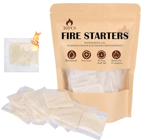 (30 Pcs/Bag) Waterproof Fire Starters for Campfires & Fireplace -Quick Light Charcoal Starter Squares, Odorless Fire Starter for Wood Stove, Grill, BBQ & Non-Toxic - Burns 10 Min