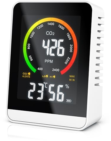 Brandson - CO2 Melder Messgerät mit Akku - Luftqualitätsprüfer - Kohlenstoffdioxid Sensor Messung PPM - Co2 Anzeige - Raumluft Lüftungsampfehlung - Temperatur Uhrzeit Luftfeuchtigkeit