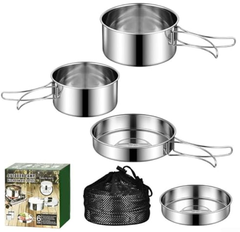 Trayneel Set di 4 pentole da esterno in acciaio inox portatile da campeggio con manici pieghevoli per zaino in spalla escursionismo picnic 2-3 persone (set da quattro pezzi)