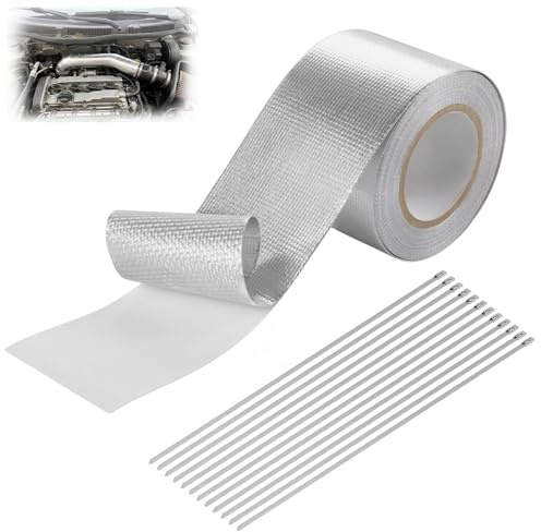 Gykutix 10m x 5cm Nastro Isolante Termico Autoadesivo, Nastro Adesivo Alluminio Manicotto Scudo Termico Protettivo Riflettente con 12 Fascette, per Tubo di Scarico Collettori Moto
