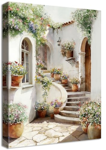 Wooden Framed Canvas Wall Art Vintage Italy Town Painting on Canvas Prints Poster Mediterranean Garden Stairs Flowers Pictures for Living Room Bedroom Dinning Room Hallway Wall Decoration 30x40cm