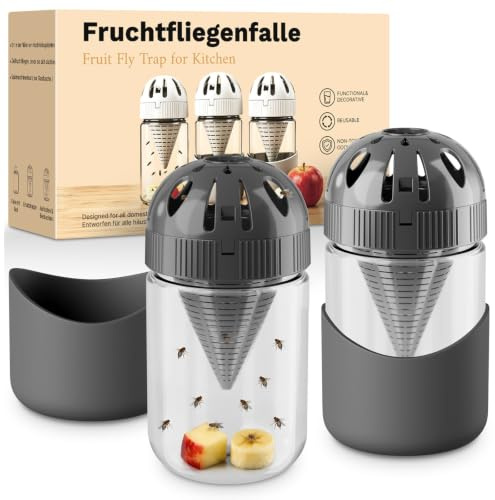2-pack fruktflugfälla i glas, flyktsäkert lock inomhus flugfångare observerbar effektiv mot flugor återanvändbara levande fällor för användning i hemmakök, mörkgrå