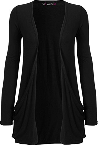 WearAll - Ladies Long Sleeve Pocket Cardigan Womens Top - Black - 12/14