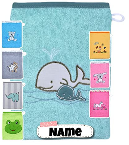Baby Waschhandschuh personalisiert | 15x20 cm | Waschlappen Kinder mit Namen bestickt | 100% Baumwolle | Frottee | Baby Geschenke (Wal minze)