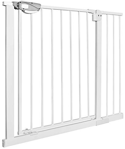 Aufun Barrière de sécurité pour escaliers sans perçage, barrière avec Fermeture à Pression, Fermeture Automatique, Extensible avec Extension séparée, Largeur 95-105 cm, Grille métallique (Blanche)