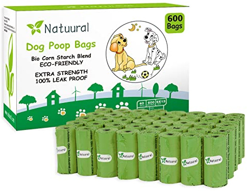 Natuural Dog Poop Bags Rolls-600 Counts, 40Rolls, Biodegradable Poop Bags Made of Cornstarch, 100% Leak Proof and Easy to Open (Green)