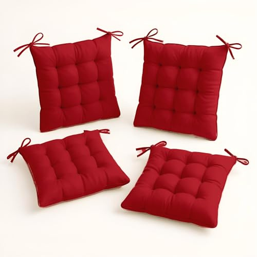 Déco Arts Coussin de Chaise - Lot de 4 Coussins Carrés avec Attaches pour Chaises Intérieur ou Extérieur - Polyester 65% & Coton 35% - Galette Certifiée Oeko-TEX - 40 x 40 cm, 380 g, Rouge Piment