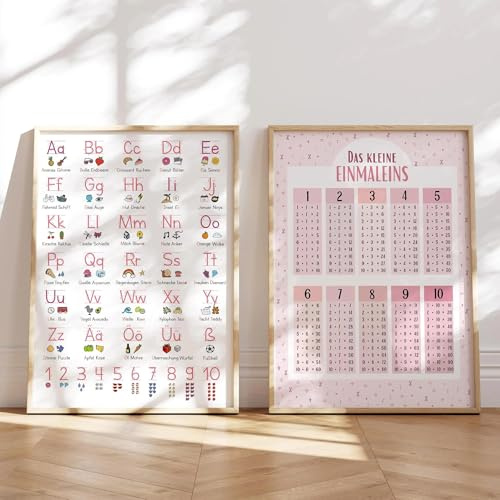 MeinBaby123® Set med 2 ABC läroposter, grundskrift och 1 x 1 affisch DIN A4 | engångstränare för barn | lämplig för dagis, förskola, grundskola (set om 2 – rosa A4)