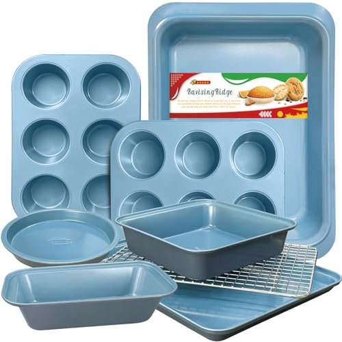 Backformen-Set mit Antihaftbeschichtung – ultradicke, professionelle, zweifarbige Pfannen, einschließlich Backblech, Muffin, Kuchenformen und Kühlgitter – robust, spülmaschinenfest (grau und blau)