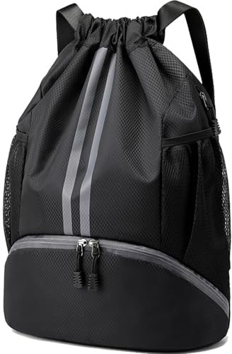 Hoedia Turnbeutel Sportrucksack mit Kordelzug - Fussball Sporttasche Schwimmbeutel mit Schuhfach und Wasserdichter Tasche für Damen/Herren/jungen/kinder