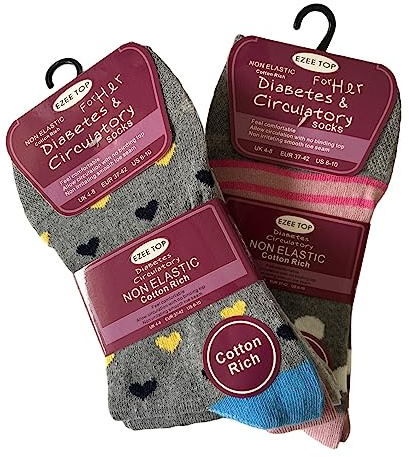 Diabetic & Circulatory Women's Socks, 2 Pack, 6 Pairs, NON ELASTIC COTTON RICH SOCKS, Size UK Womens 4-8 (Grey/Multi)