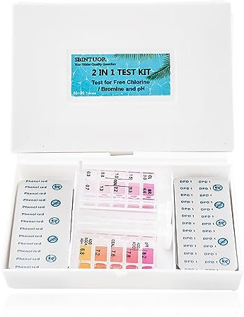 SBINTUOR Kit Test Piscina pH e Cloro 2 in 1, Tester Piscina Pastiglie Kit Controllo Cloro/Bromo e pH Piscina Accessori Piscina Analisi Acqua di Piscine Spa Hot Tub (50 x DPD1 + 50 x Phenol Red)