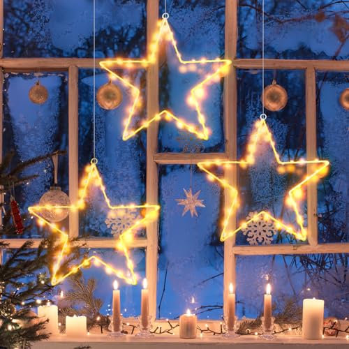 Moocuca 3 Stück Led Stern Fenster Beleuchtet,Weihnachtsdeko Fenster,45 LEDs auf 1 Stern,Led Fensterdeko Weihnachten,Weihnachtsbeleuchtung Fenster,Weihnachtsstern Fenster(Warmes Gelbes Licht)