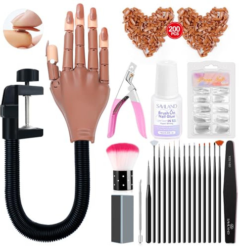 Saviland Practice Hand for Acrylic Nails, Flexible Moveable Fake Hands, Manicure Trainng Hand Nail Kit for Beginners, Movable Nail Maniquin Hand with 200PCS Nail Tips, Nail Glues, Brush and Clipper
