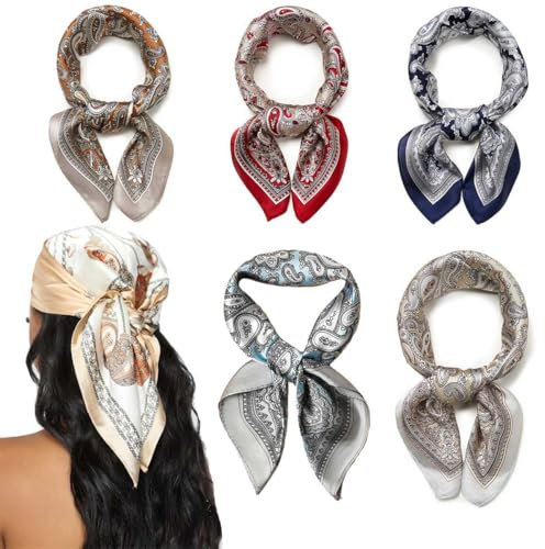 5 Stück Kopftuch Damen Bandanas Haartuch Halstuch Haarschmuck Quadratischer Schal Seide Kopftuch Seiden Women's Scarves Drucken Kopfbedeckung kopftuch Schal Glatter Seidenschal Damen (60 * 60CM)