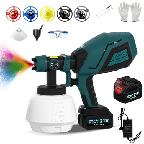 ELIOFANEIA Sistema de pulverización de pintura eléctrica de 21 V, 2 baterías de litio de 4000 mAh y cargador, pistola de pintura de 1200 ml con 5 boquillas, 3 patrones de pulverización para trabajos