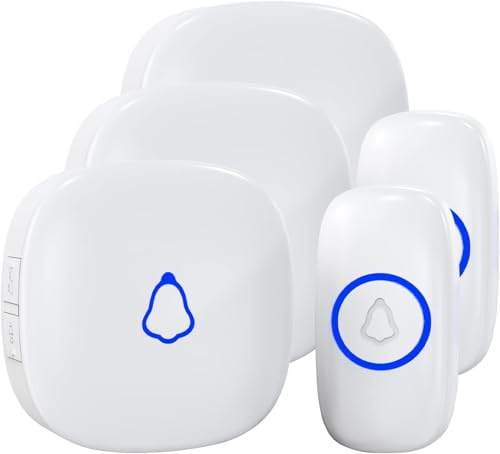 SECRUI Funkklingel Türklingel Set für Haustür, 3 Empfänger + 2 Sender, Funk Tür Klingel, Kabellos Doorbell mit 58 Melodien, 0-120dB 5 Lautstufen, LED-Licht, 300 m Reichweite, IP55 Wasserdicht, Weiß
