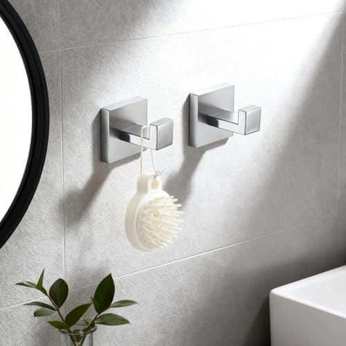 WJUAN Ganci a Muro in Acciaio Inox per Asciugamani & Abiti (2 Pezzi) – Gancio Portaoggetti con Montaggio a Percussione – Ideale per Bagno, Corridoio & Camera – Include Tasselli e Viti – Argento