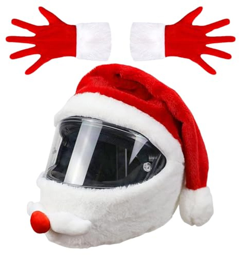 Cubierta de gorro de Papá Noel, de felpa, forro de gorro de motocicleta con guantes navideños, forro de gorro de Papá Noel - decoración de sombrero, gorro navideño para motocicleta