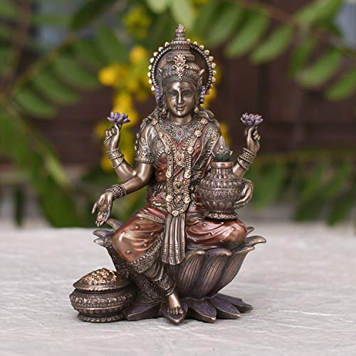 Collectible India Statue de la déesse hindoue Lakshmi en bronze coulé à froid (18 cm x 13 cm x 11 cm, marron)