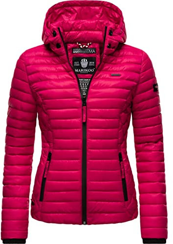 MARIKOO leichte Damen Übergangsjacke kurz mitteldick gefütterte Steppjacke mit Kapuze Samtpfote Fuchsia Gr. S