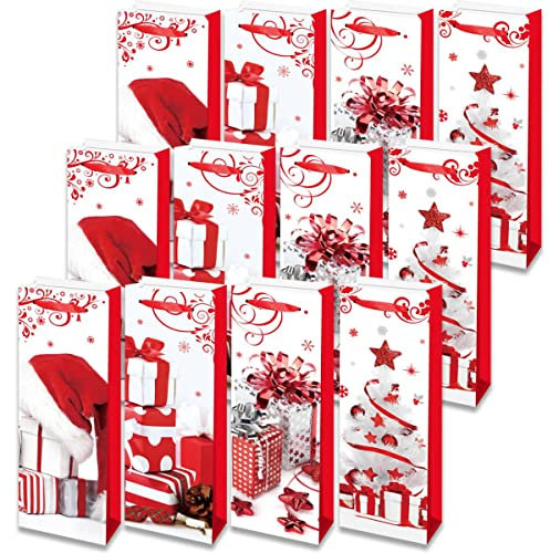 12 Wine Gift Bags - Premium Single Bottle Present Bags, 4 Xmas Designs. Perfect for Christmas, Birthdays, Dinner Party, Gift Wrap and Party Favours