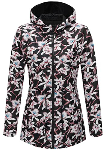 RISISSIDA Women Casual Reversible Lightweight Jacket with Hood Spring Fall,Transition Zipper Up Waterproof Raincoat Black S