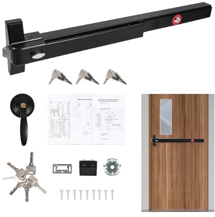BEAMNOVA Commercial Door Push Bar Panic Exit Device with Alarm Exterior Lever Roller Strike Plate End Cap Lock Key Set for 27.5 to 41 inches Wide Door, Black