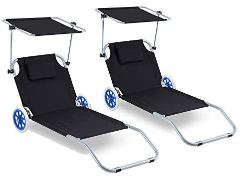 Ansobea 2 x solstol, hopfällbar med hjul, aluminium solstol med soltak och ryggstöd, justerbar för camping, fritid, trädgård, strand (svart)