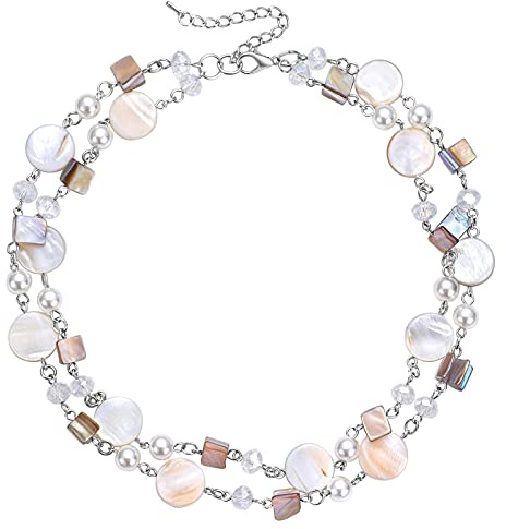 FULU AUTUMN Donne Collana di Conchiglie in Argento a Strati Collane Bohémien Corte Collana Girocollo con Perline Turchesi Regali Compleanno(59-White)