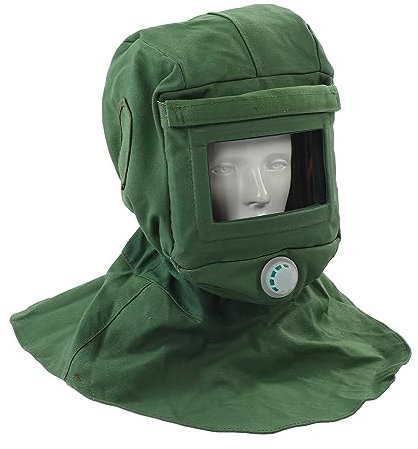 Cappuccio per sabbiatura, Vetro curvo spesso Visione chiara Tela di canapa Protezione da polvere e sabbia Cappuccio a scialle Design dello sfiato Scialle per sabbiatrici