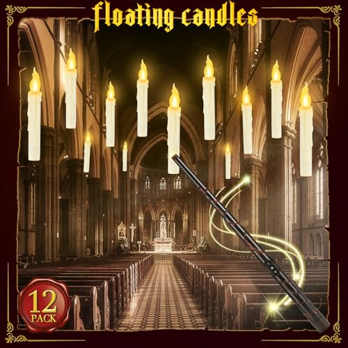 YMXHK Halloween Decorations - Floating Candles with Wand, 12 Pcs Flameless Candles with Warm Light Flickering, Witch Wizard Christmas Decor for Indoor Home Room Classroom Bedroom Birthday Party