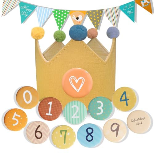 MutoToy Geburtstagskrone Musselin mit Zahlen, Geburtstagsbanner, Wiederverwendbar Geburtstagskrone für Mädchen Junge, Krone Geburtstag mit Button Zahlen von 0-9, Party Deko Hut für Kindergeburtstag