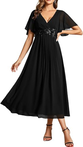 Ever-Pretty Vestito Donna Elegante Abito Cerimonia Donna con Applique e Collo V Midi Maniche a Volant Chiffon Stile Impero Nero 50