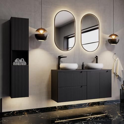 Lomadox Ensemble complet de meubles de salle de bain noir rainuré 120 cm double vasque avec lavabo en céramique et 2 miroirs LED