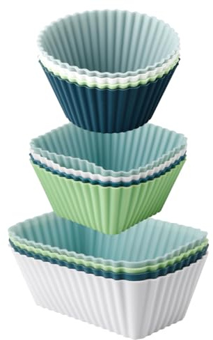GLADFRESIT 12Pcs Silicone Cupcake Mould Set, Non Stick Cups Square Rectangle Round Muffin Cake Moulds Food Grade Air Fryer Liners for Jelly Desserts Cakes Bread Treats(Green)