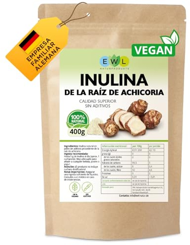 EWL Naturprodukte Inulina 400 g, Inulina en Polvo procedente de la Raíz de Achicoria, Fibra Dietética en Polvo, controlada y envasada en Alemania, Calidad certificada por Laboratorio