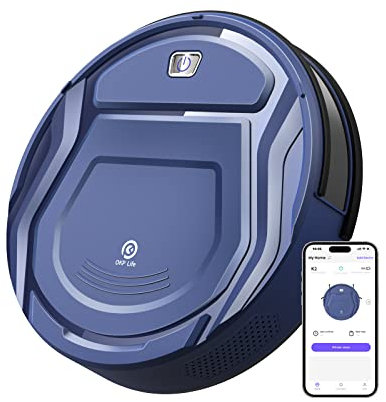 OKP K2 Robot Aspirapolvere, 2100 Pa Potente Aspirazione, Auto-Ricarica, 120 Minuti, Controllo WiFi/App/Alexa, Aspirapolvere Robot Silenzioso Ultrasottile per Peli Animali/Moquette/Pavimenti