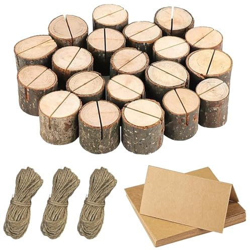 Kartenhalter Holz, 20 Stück Fotohalter Holz, Menükartenhalter, Fotohalter Tischkartenhalter Rustikale, Mit 20 Stück Karte aus Kraftpapier und 30 Meter DIY Hanfseil, Für Hochzeit, Party