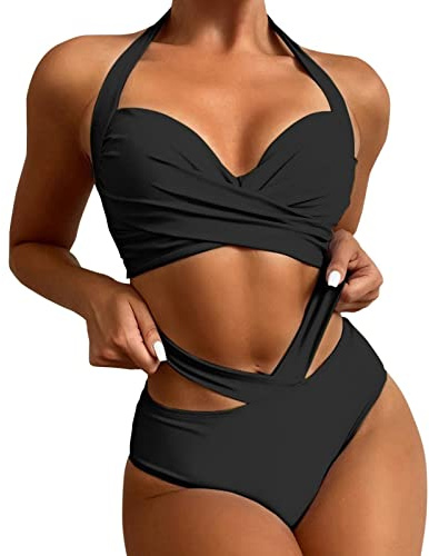 Maillot De Bain Femme 2 Pieces Push Up Rembourré Ensemble De Bikini Sexy Taille Haute Maillots Deux Pièces Gainant Ventre Plat Amincissant Sortie de Plage Bronzant, Noir, M