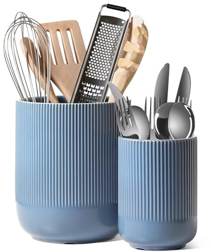 LE TAUCI Ceramic Utensil Holder, 18.5+14cm, Set of 2, Dusty Blue | Kitchen Utensils Holder, Large Cooking Utensil Pots for Kitchen Counter, Morden Utensil Organizer for Spatula