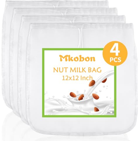 XL 4 Pcs Food Grade Nut Milk Bag Reusable, Grade 100, 12 x 12 Nut Bag Strainer, Fine Mesh Nylon Cheese Cloth Bags for Straining Oat Almond Milk, Greek Yogurt, Juice, Cold Brew Coffee, Beer Tea