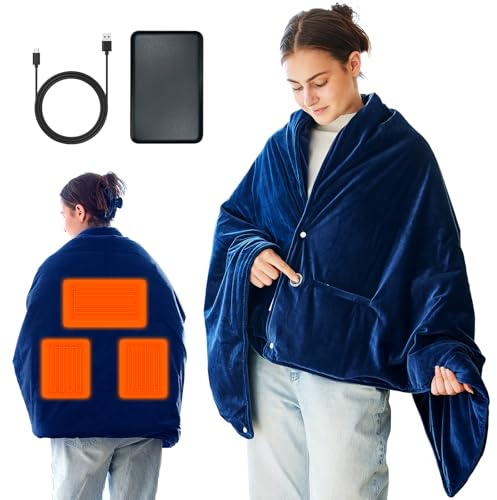 Shenyini Couverture Chauffante USB, 155 x 85cm, Portable Couverture Électrique sans Fil avec Batterie 10 000 Mah,Couvertures Plaid Chauffant avec 3 Niveaux de Chauffage, Lavable en Machine