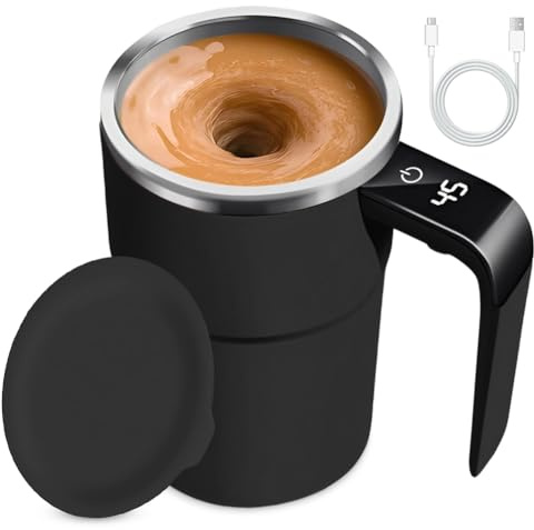 Självrörande kopp, magisk mugg, självrörande kopp, självrörande kopp, mjölk, kaffekopp, rostfritt stål, kakaokopp, smart kopp för kaffe, te, varm choklad, mjölk, kakao, protein (modell 2 svart)