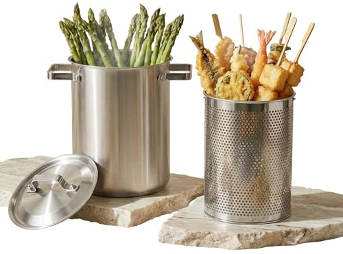 PUCOHOUSE 4.3L 20cm Tall Spaghetti Cooker with Strainer Basket, 304 Stainless Steel Pasta Cooker, 3-Ply Base for Noodles, Asparagus, Oden, Japanese Hot Pot, Deep Frying, Dishwasher Safe