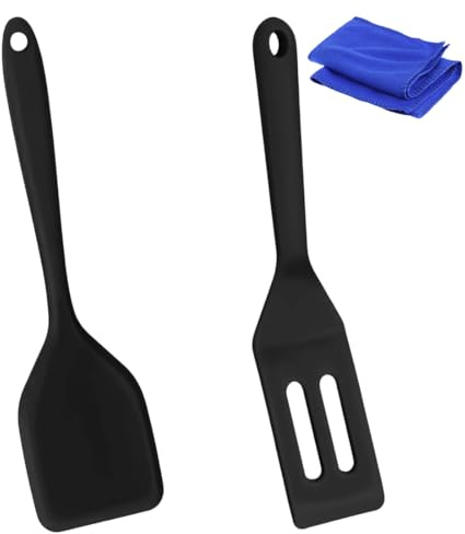 AEUXZA Set de 3 Mini Espátulas de Silicona y Paño de Microfibra, Espátula Estrecha Resistente al Calor para Raclette y Galletas, Espátulas Pequeñas con Diseño Ranurado, Negro