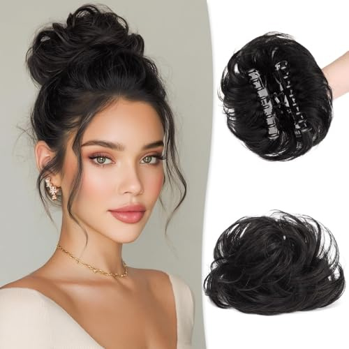 RUWISS Chignon Capelli 100% Umani con Pinza Posticci per Capelli Chignon Ondulato Estensioni per Coda di Cavallo Capelli Umani Reali con Clip per Donne Ragazze（Nero Naturale）