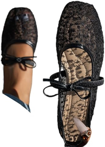 Zapatos planos de ballet para mujer, con encaje bordado, de malla, transpirables, cómodos, con correa de lazo, zapatos planos de bailarina de encaje para mujer