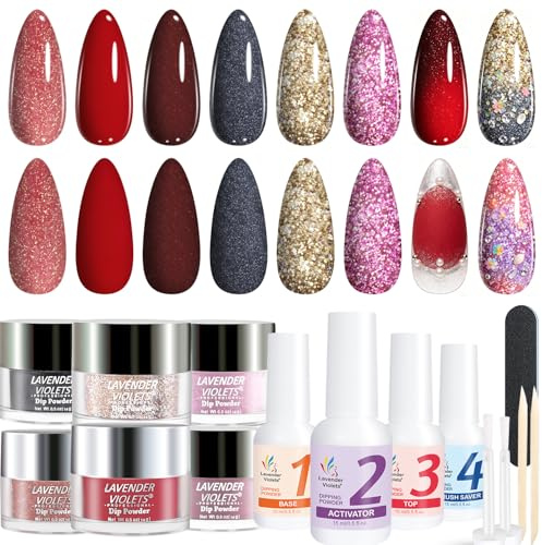 Lavender Violets 15 Pcs Dip Powder Nail Kit French Nail Art, Frosted Pink, Rose Nude, Coral, No UV Lamp Needed, Long Lasting Dipping Powder Liquid Set with Base & Top Coat, Activator, Brushes Save 06